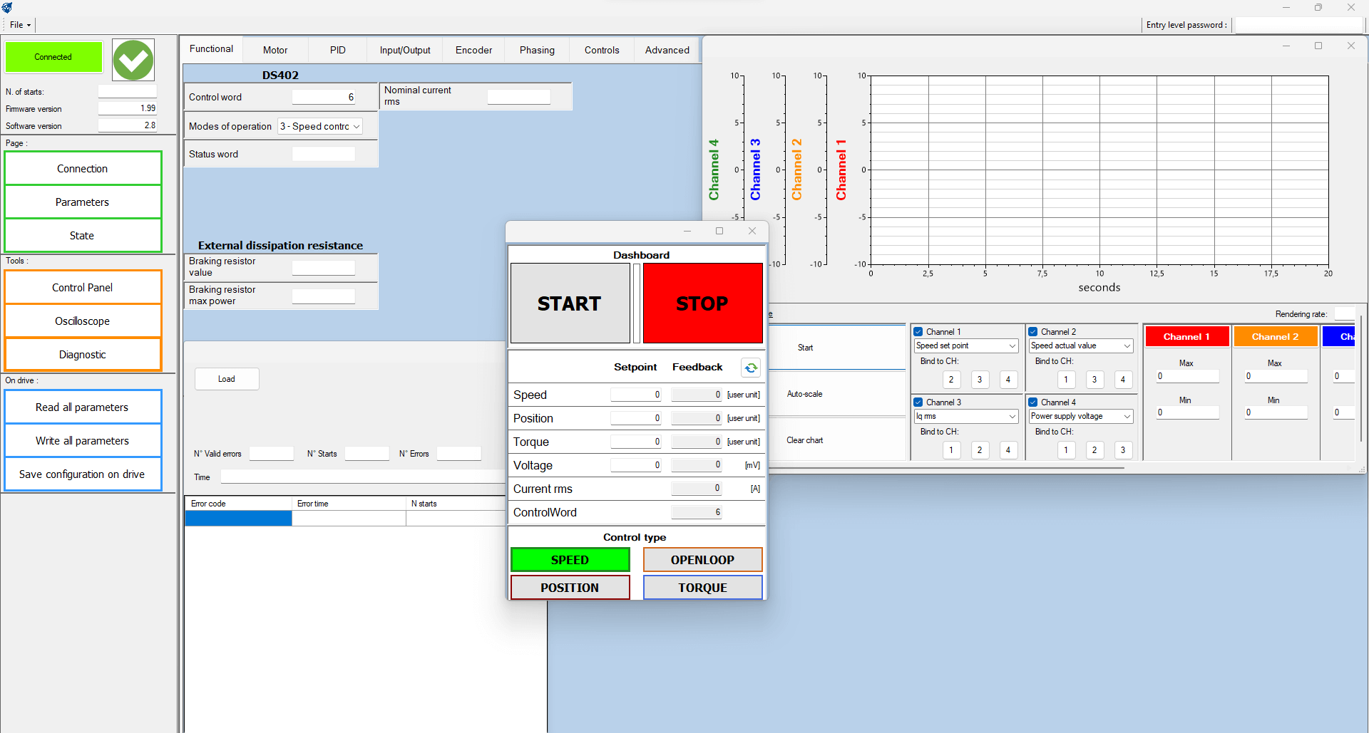 TEM Drive PC-Interface è un software che consente all'utente di configurare, monitorare e controllare i dispositivi, molto utile durante la fase di setup dell'applicazione. L'utente può salvare la configurazione su file per creare il proprio set di configurazioni.